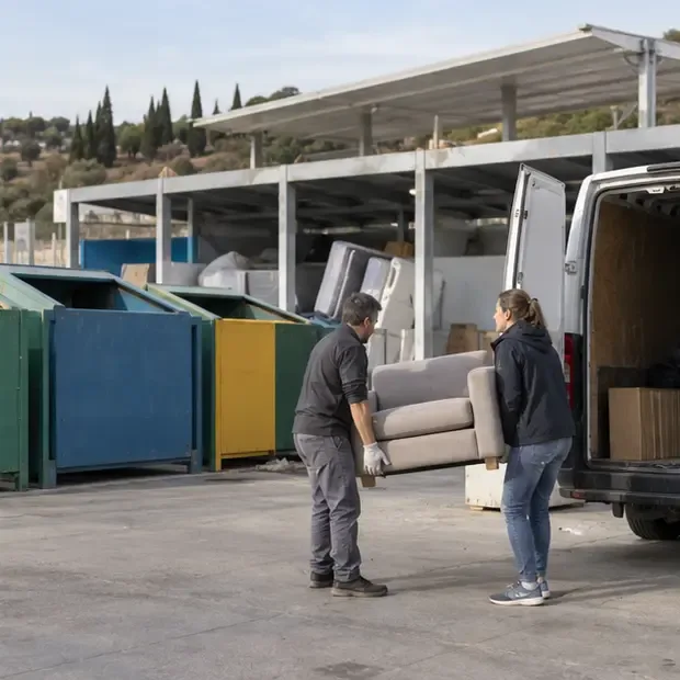 Dos personas descargando un sofá de un vehículo en una instalación con contenedores separados