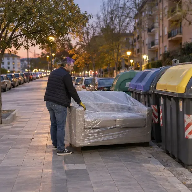 Sofá protegido colocado junto a contenedores sin bloquear la acera durante una recogida programada