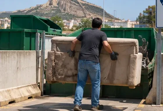 Persona colocando un sofá usado en un gran contenedor de una instalación de recogida de residuos