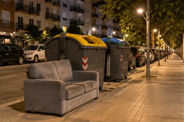 Sofá colocado de noche junto a varios contenedores urbanos sin bloquear sus accesos