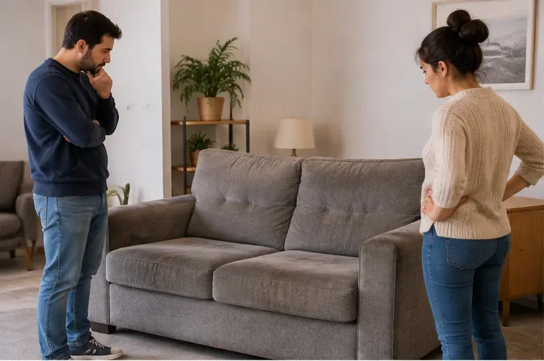 Dos personas observan un sofá gris en un salón para decidir si todavía puede reutilizarse
