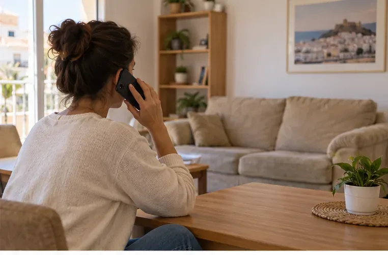 Una vecina llama por teléfono desde su vivienda mientras el sofá que quiere retirar permanece en el salón