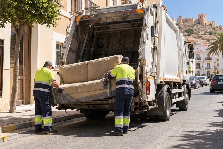 Un camión sin distintivos recoge un sofá en una calle residencial, con operarios colocándolo en el vehículo