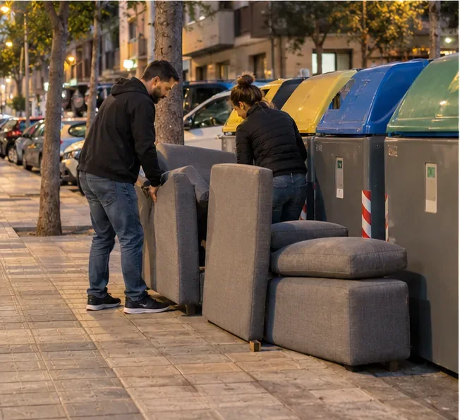 Dos personas colocan de forma ordenada las piezas de un sofá junto a una batería de contenedores en una acera amplia