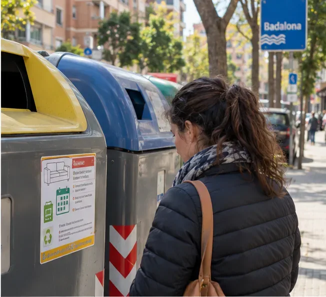 Una persona consulta el cartel informativo colocado junto a una batería de contenedores en una calle de Badalona