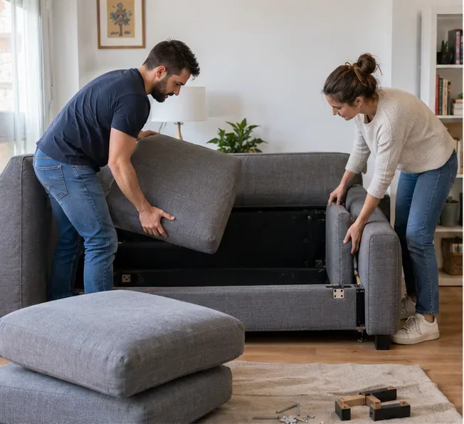 Dos personas desmontan un sofá gris en una vivienda para facilitar su transporte y recogida