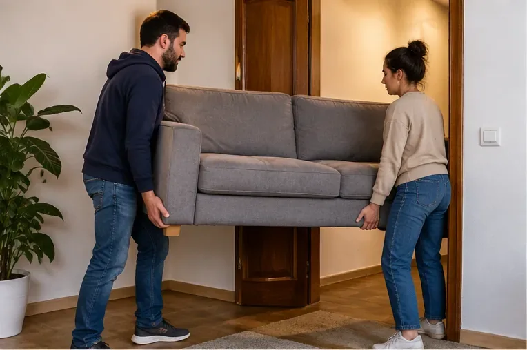 Dos personas transportan un sofá por la puerta de una vivienda