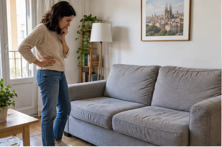Una mujer observa un sofá gris dentro de casa antes de decidir cómo retirarlo
