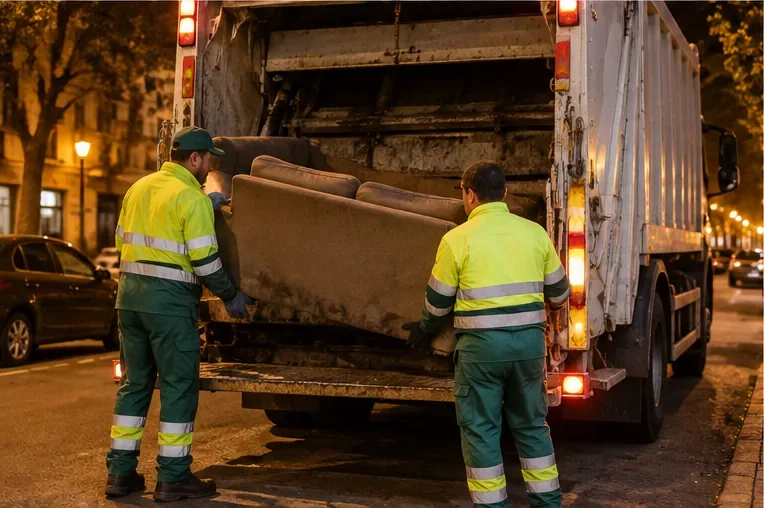Dos operarios cargan un sofá en la parte trasera de un camión de recogida