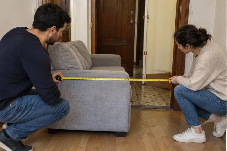 Dos personas miden un sofá y el espacio de paso de una puerta con una cinta métrica