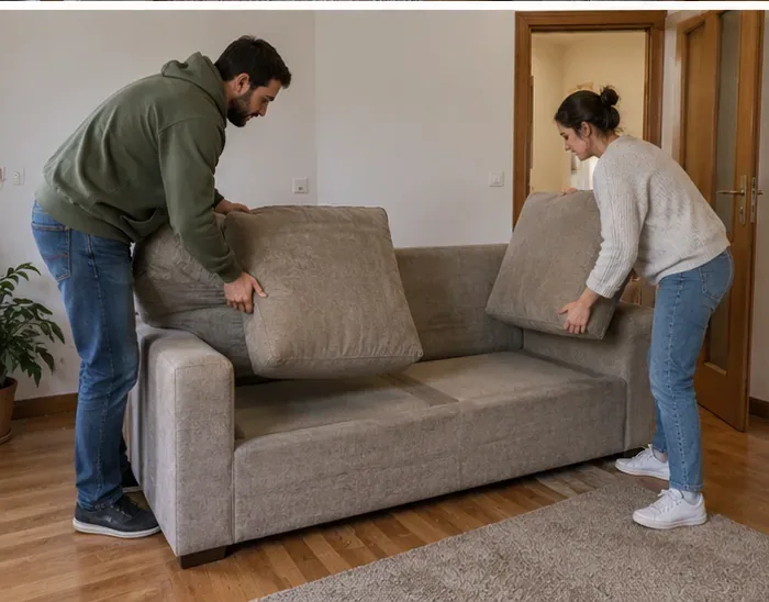 Dos personas retiran los cojines de un sofá para prepararlo antes de trasladarlo fuera de la vivienda