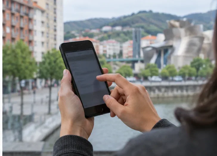 Una persona consulta un teléfono móvil frente a un paisaje urbano de Bilbao para organizar la cita de recogida de un sofá