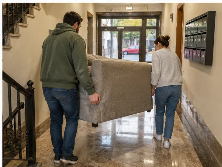 Dos personas trasladan un sofá por el vestíbulo de un edificio para sacarlo en la fecha acordada de recogida