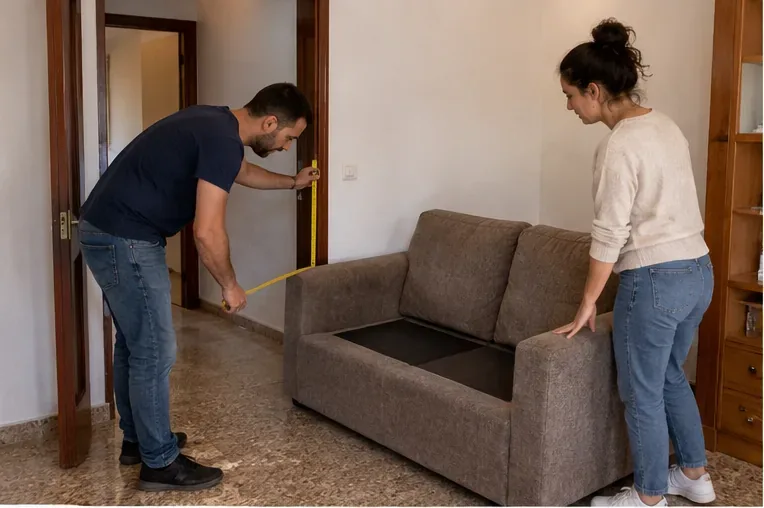 Dos personas miden un sofá y el paso de una puerta antes de sacarlo de una vivienda
