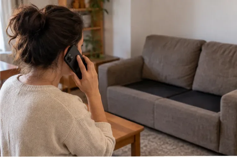 Una persona llama por teléfono desde su vivienda con un sofá al fondo