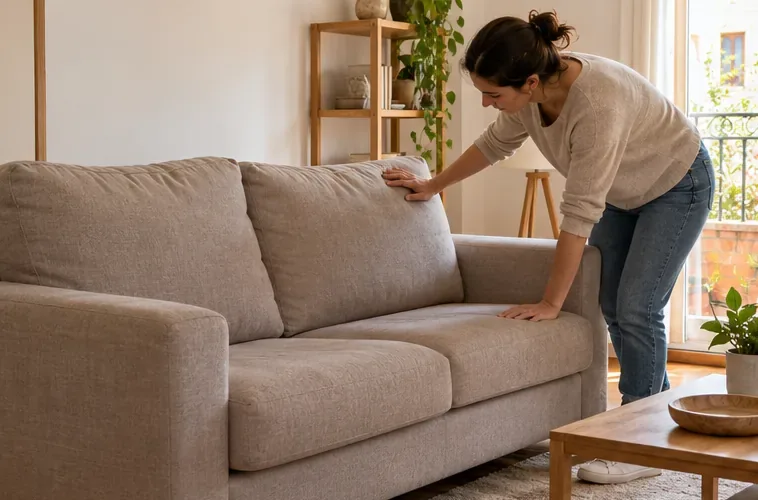 Una mujer comprueba el estado de un sofá tapizado en el salón de una vivienda.