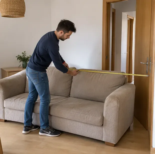 Persona midiendo un sofá beige dentro de una vivienda antes de organizar su retirada en Elche