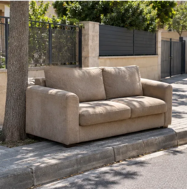 Sofá beige colocado en una acera junto al bordillo de una calle residencial