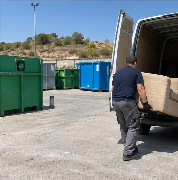 Trabajador descargando un sofá de una furgoneta en una instalación con grandes contenedores de reciclaje