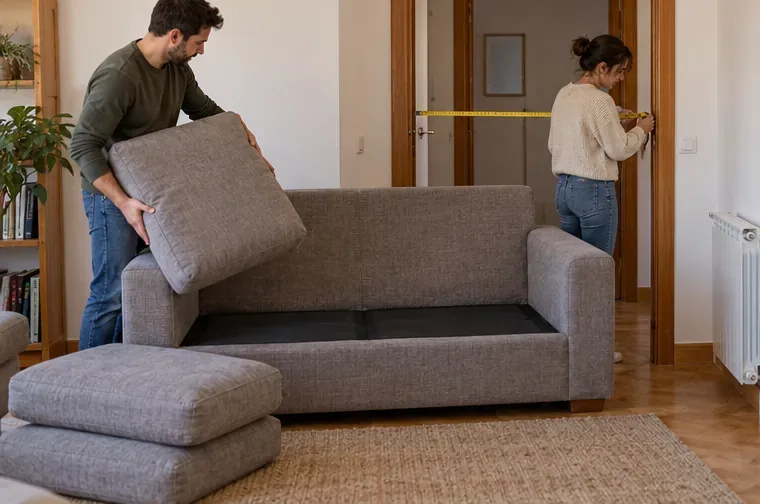 Dos personas junto a un sofá gris: una retira un cojín y la otra mide el hueco de una puerta.