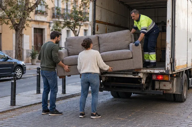Dos personas y un operario colocando un sofá gris en la plataforma de un camión de recogida sin distintivos.