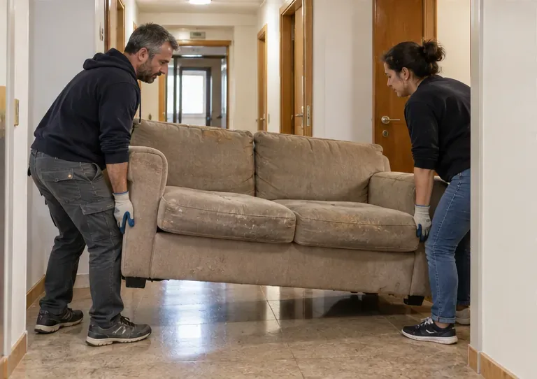 Dos personas sujetan un sofá desgastado mientras lo preparan para moverlo por un pasillo despejado