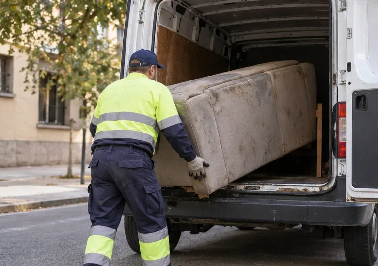 Un trabajador con ropa reflectante carga un sofá en una furgoneta de recogida sin distintivos visibles