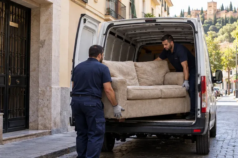 Dos trabajadores cargan un sofá en una furgoneta para transportarlo a una instalación de gestión de residuos