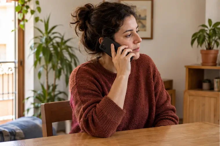 Una vecina habla por teléfono desde casa para tramitar un aviso de recogida de muebles