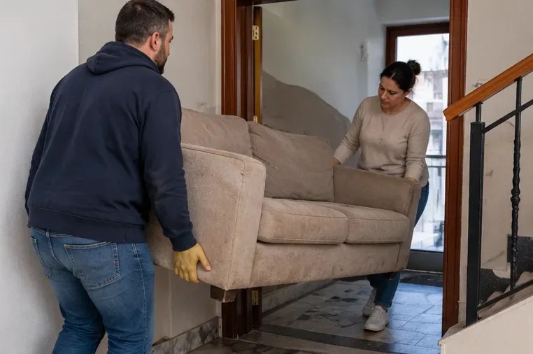 Dos personas trasladan con cuidado un sofá por la entrada de una vivienda antes de la recogida de enseres