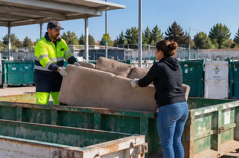 Una usuaria y un trabajador depositan un sofá usado en un contenedor grande de un punto limpio