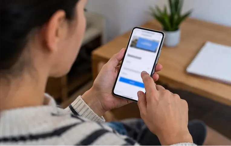 Persona usando un teléfono móvil para gestionar una solicitud de retirada de un sofá