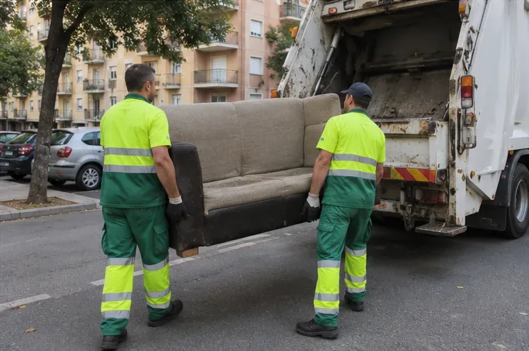 Dos operarios de recogida urbana cargan un sofá usado en la parte trasera de un camión de residuos