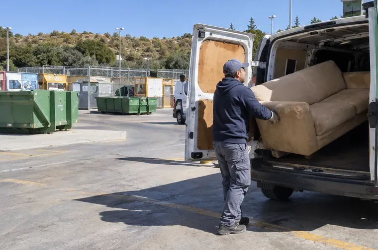 Una persona descarga un sofá desde una furgoneta en una instalación de recogida de residuos voluminosos