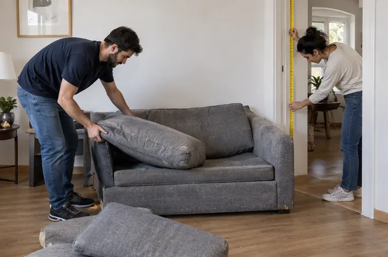 Dos personas preparan un sofá gris dentro de una vivienda mientras comprueban el paso por una puerta
