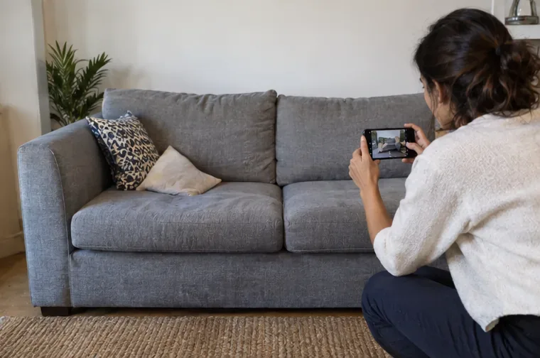 Una mujer fotografía un sofá gris en buen estado dentro de una vivienda