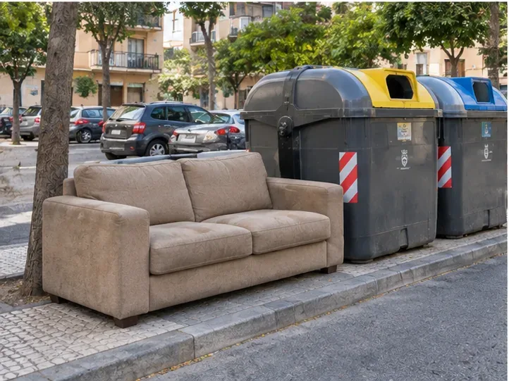 Un sofá colocado junto a una batería de contenedores urbanos, dejando visible el acceso a los recipientes.