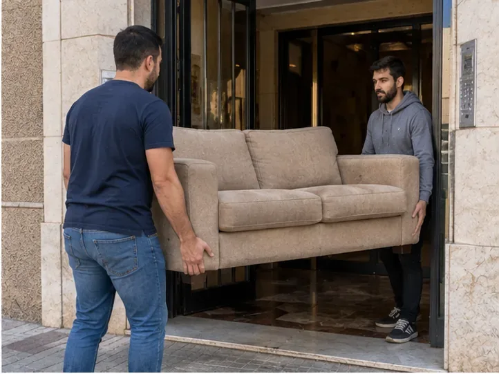 Dos personas trasladan un sofá de dos plazas desde la entrada de un edificio residencial.