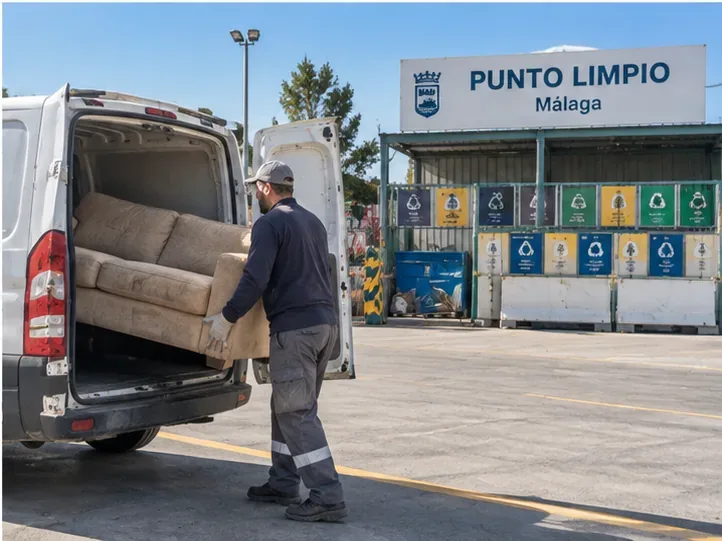 Un sofá se descarga de una furgoneta en una instalación señalizada como punto limpio.