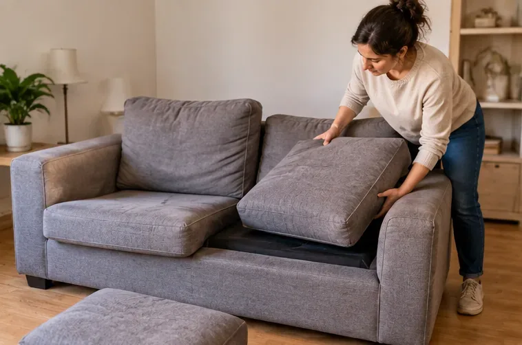 Mujer retirando los cojines de un sofá gris dentro de una vivienda antes de moverlo