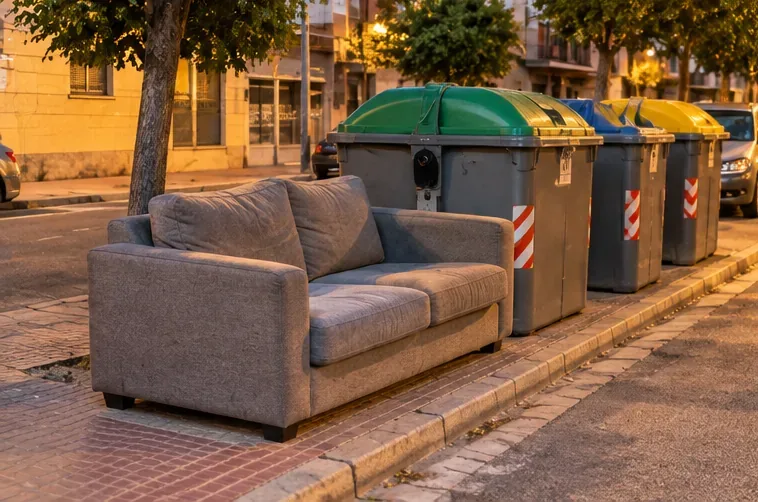 Sofá gris colocado junto a una batería de contenedores urbanos en una calle residencial
