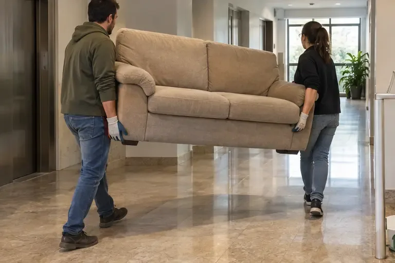 Dos personas con guantes trasladan un sofá por el pasillo de un edificio manteniendo el mueble elevado y controlado