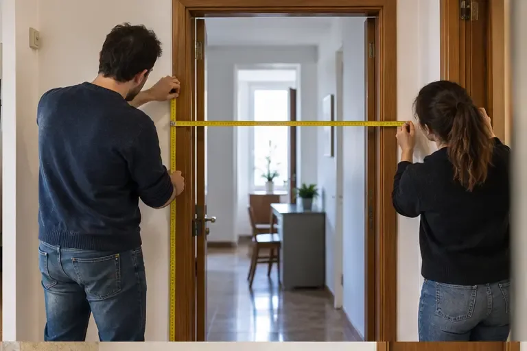 Dos personas miden con una cinta métrica el ancho de una puerta y el pasillo por el que debe salir un sofá