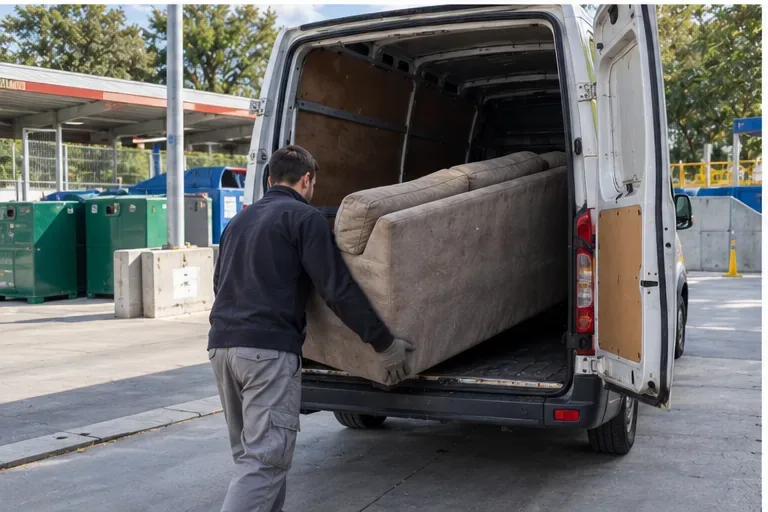 Una persona descarga un sofá gris de una furgoneta en una instalación de recogida de residuos voluminosos