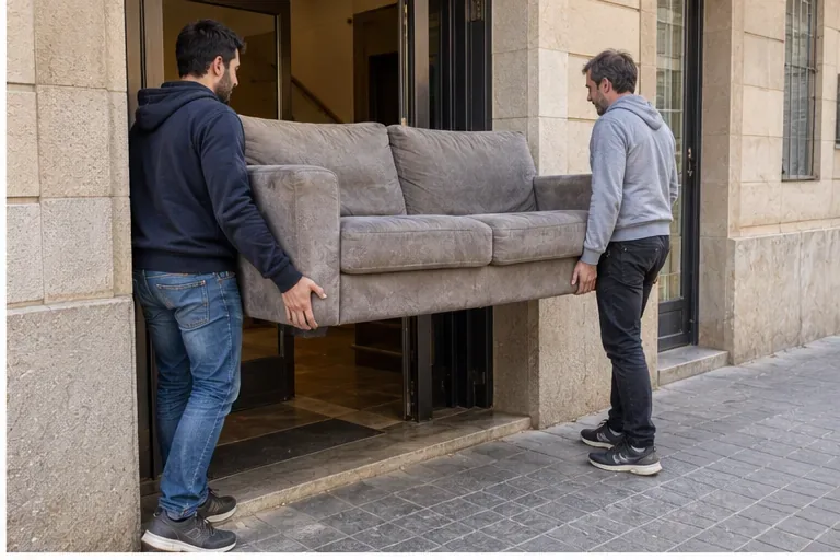 Dos personas sacan con cuidado un sofá gris por la entrada de un edificio para prepararlo para su retirada