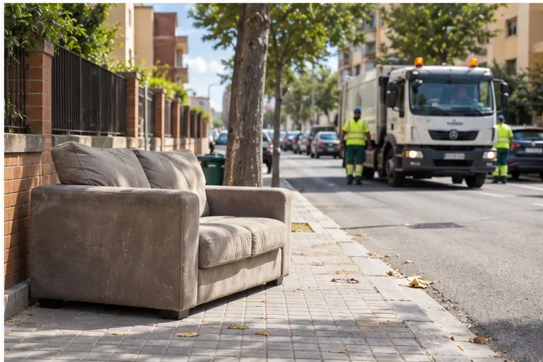 Un sofá gris colocado en la acera mientras un camión de recogida y trabajadores municipales se aproximan por la calle