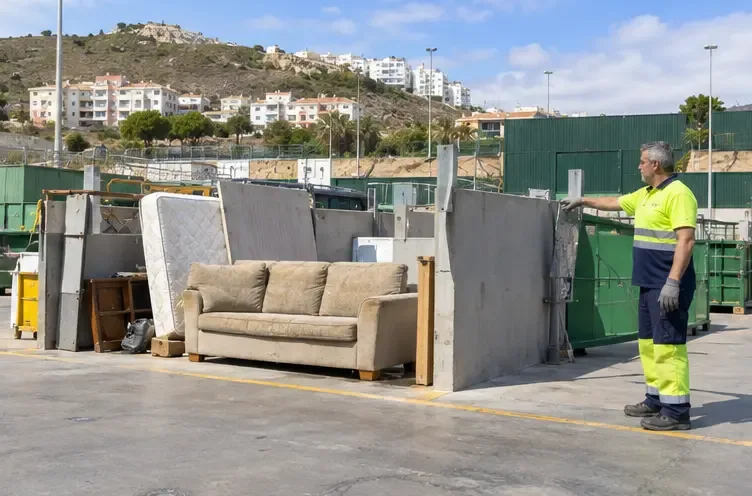Un trabajador señala la zona de residuos voluminosos junto a un sofá en una instalación municipal
