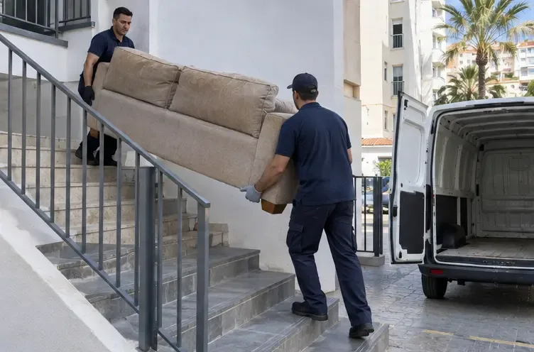 Dos trabajadores trasladan un sofá por una escalera hacia una furgoneta sin marca