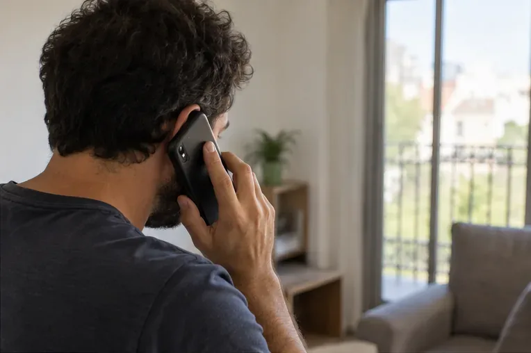 Persona hablando por teléfono dentro de una vivienda mientras organiza la retirada de un sofá
