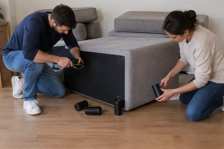 Dos personas desmontan de forma controlada las patas de un sofá tumbado sobre el suelo